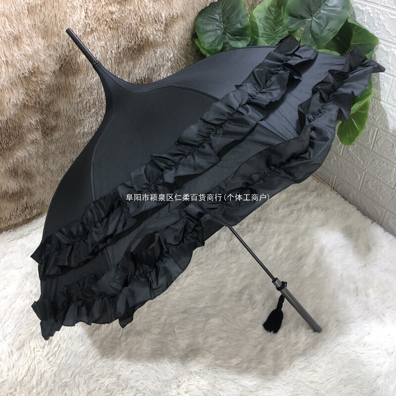 Japanese Gothic Umbrella with Tassels, Wooden Handle, Pagoda Style, Soft Girl Lolita Cosplay Lace Princess Umbrella, Sunny and Rainy Umbrella