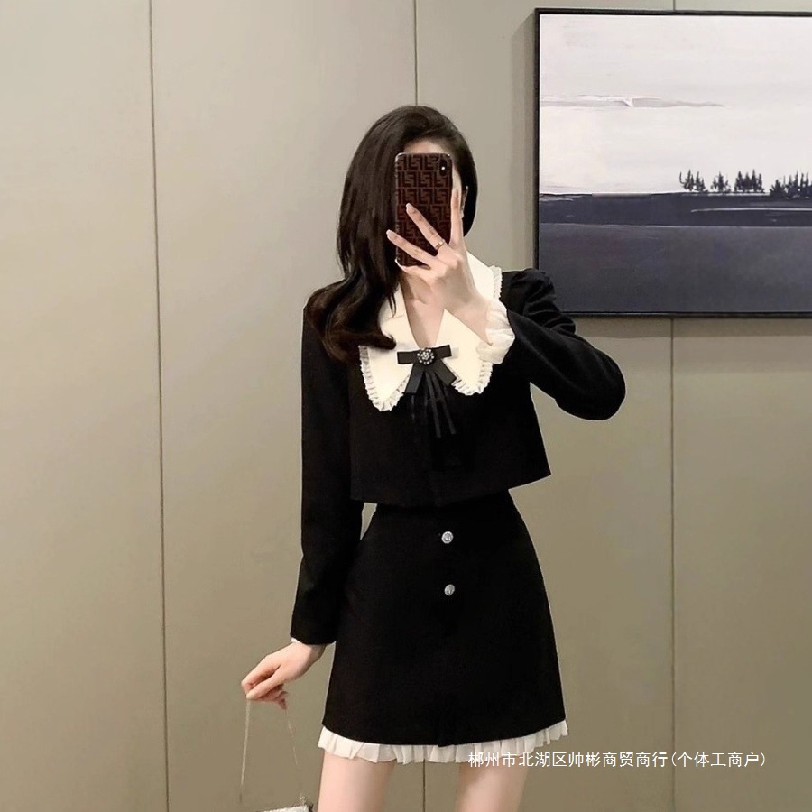 Cross-Border French Waist Slimming Women's 2025 Autumn New Style Doll Collar Contrasting Color Long-Sleeved Uniform