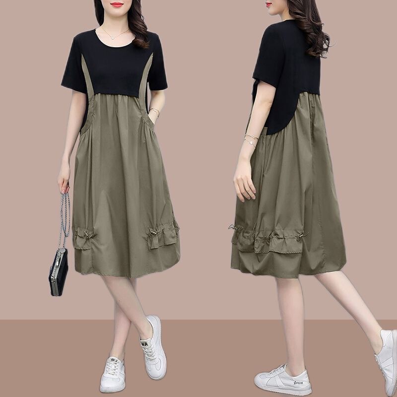 Plus-Size Loose Dress for Women, 2026 Summer New Korean Style, Faux Two-Piece, Stylish and Age-Reducing Mid-Length Dress, Trendy