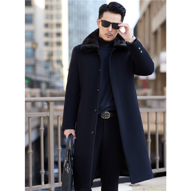 Men's wool coat, long style, thickened winter coat for middle-aged and elderly, with mink fur collar.