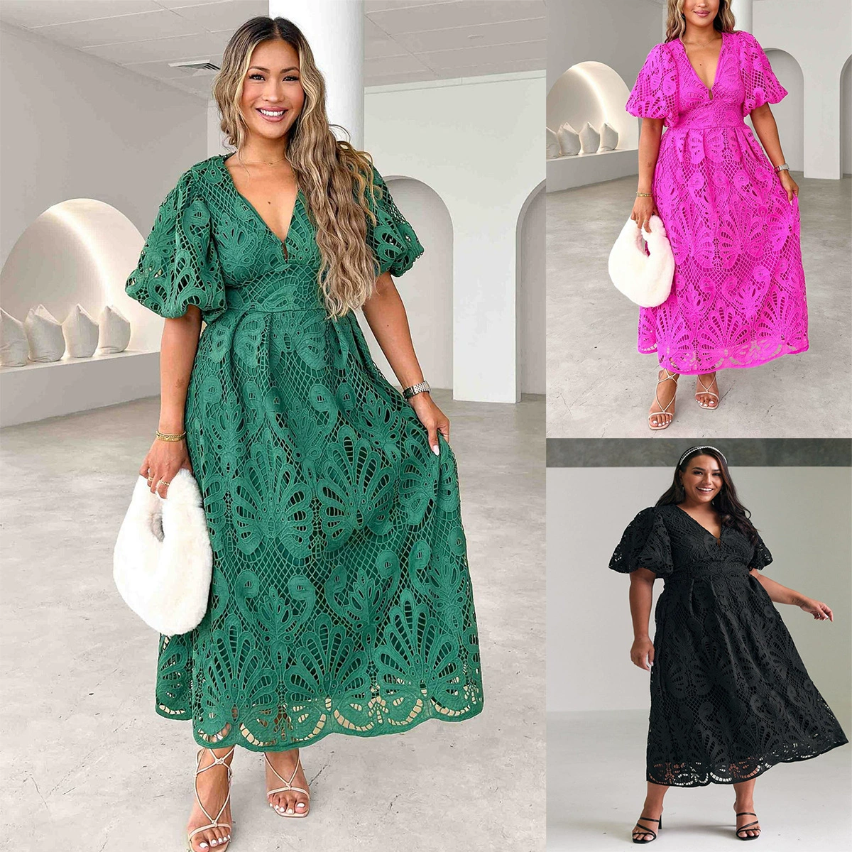 Женское длинное платье Amazon Independent Station, новинка 2024 года, с v-образным вырезом, сексуальное, утягивающее талию, с вырезами и вышивкой