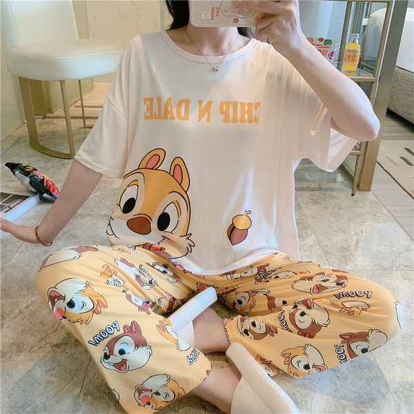 睡衣女春秋款5XL码新款短袖长裤女士印花可爱可外穿家居服套装|undefined