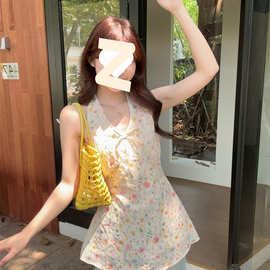 甜美设计感v领挂脖无袖背心吊带女夏季碎花刺绣衬衫小上衣图片色