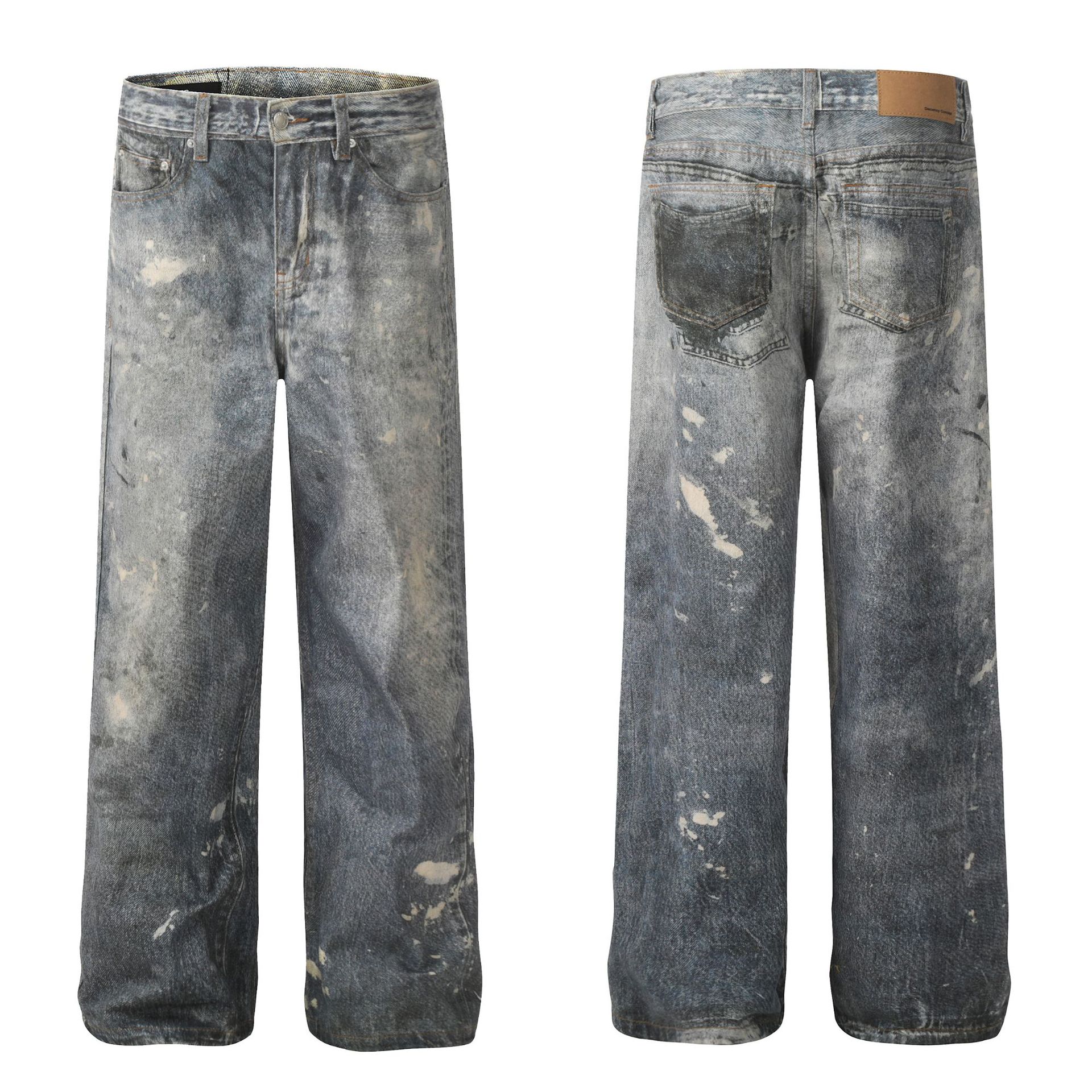 Men's Clothing G6456 Retro 2024 trend men's street heavy paint old design high men's and women's denim trousers_viptrois.com