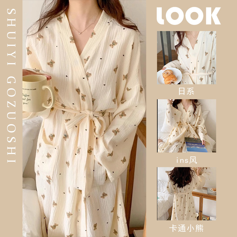 Autumn Cartoon Cute Ins Bear Printed Bathrobe Nightgown Pajamas Women's Spring and Autumn Long Sleeve Home Clothes