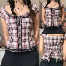 Women's t-shirt retro waist strap plaid single-breasted lace