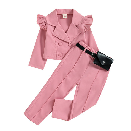 Baoxin Children's Clothing Factory Cross-border Autumn New Girls' Korean Style Casual Suit Collar Tops Trousers with Waist Bag Set