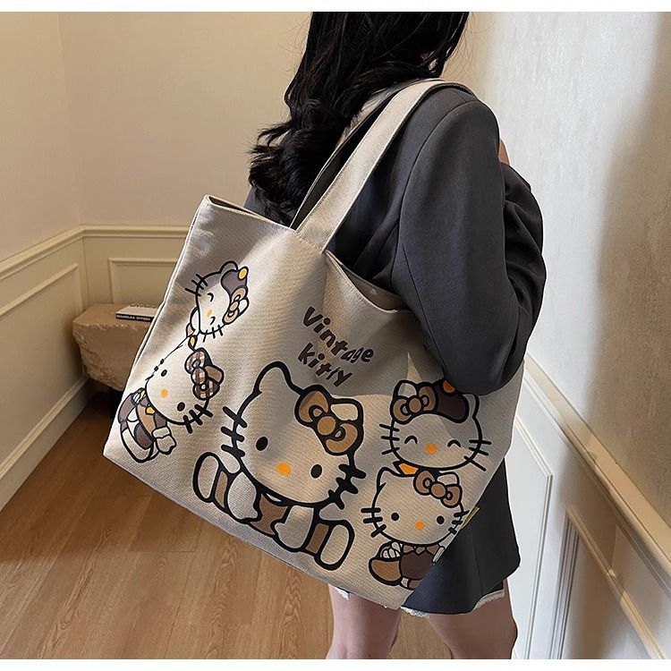 Cartoon canvas single-shoulder bag, women's large-capacity commuter tote bag, Spring/Summer 2025, cute cat tote bag, cross-border undefined