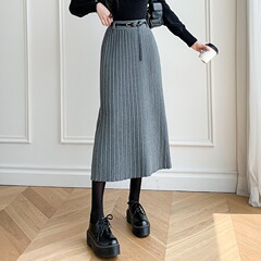 2025秋季新款休闲风宽松腰带设计显瘦百褶毛线裙百搭针织女半身裙