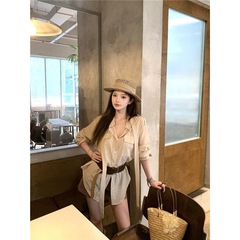 2025休闲套装飘带立领长袖衬衫女秋季高腰宽松阔腿短裤两件套色