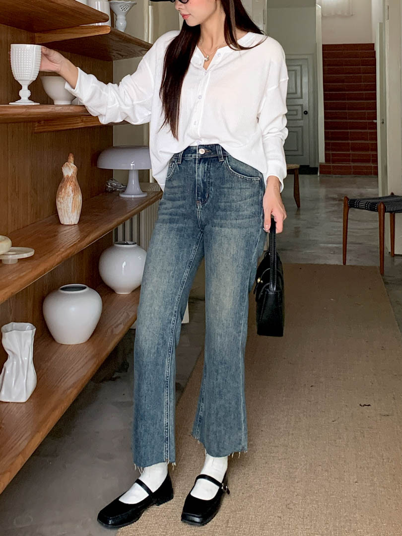 GAGD retro blue four-sided elastic slim nine-inch jeans for women, Korean style, high-waisted, slimming, slightly flared jeans pic 9