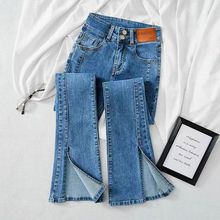 复古蓝色显瘦小个子高腰微喇叭牛仔裤2024新款修身显高开叉马蹄裤