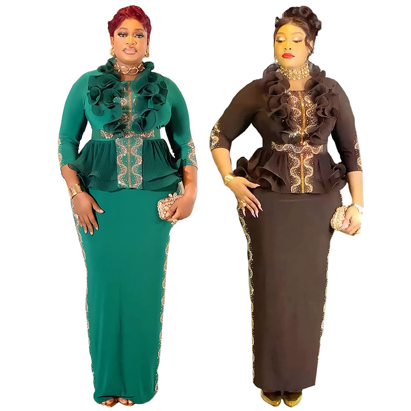 African 2026 New Fashion Elegant Dress Aliexpress Plus Size Rhinestone Women's Ruffle Dress