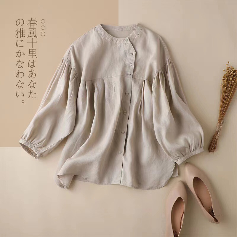 2026 New Solid Color Lantern Sleeve Cotton and Linen Shirt for Women, Loose Babydoll Blouse with a Sense of Design, Nine-Quarter Sleeves, Fashionable Shirt