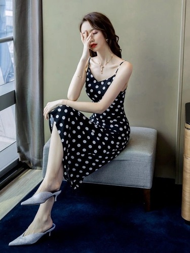 2025 Summer Dress for Women Vintage Polka Dot Sexy Elegant Knee-Length Medium-Length Dress Neckless Tank Top Dress