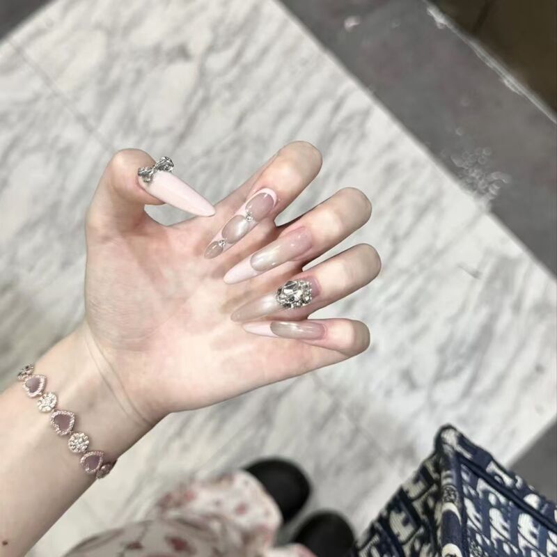 Wearable Nails, Purely Handmade, Gentle and Super Fairy-Like Sparkling Diamond Elegant, French Pure Lust Cat-Eye Bridal Style Nails, High-End Manicure