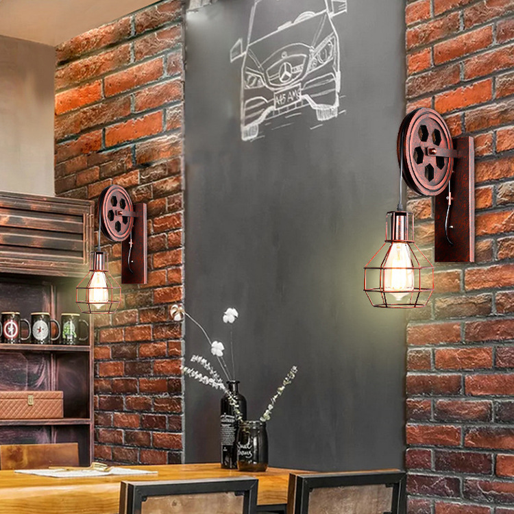 Viento industrial antiguo hierro forjado viejo polea elevación lámpara de pared pasillo porche café restaurante lámpara de pared