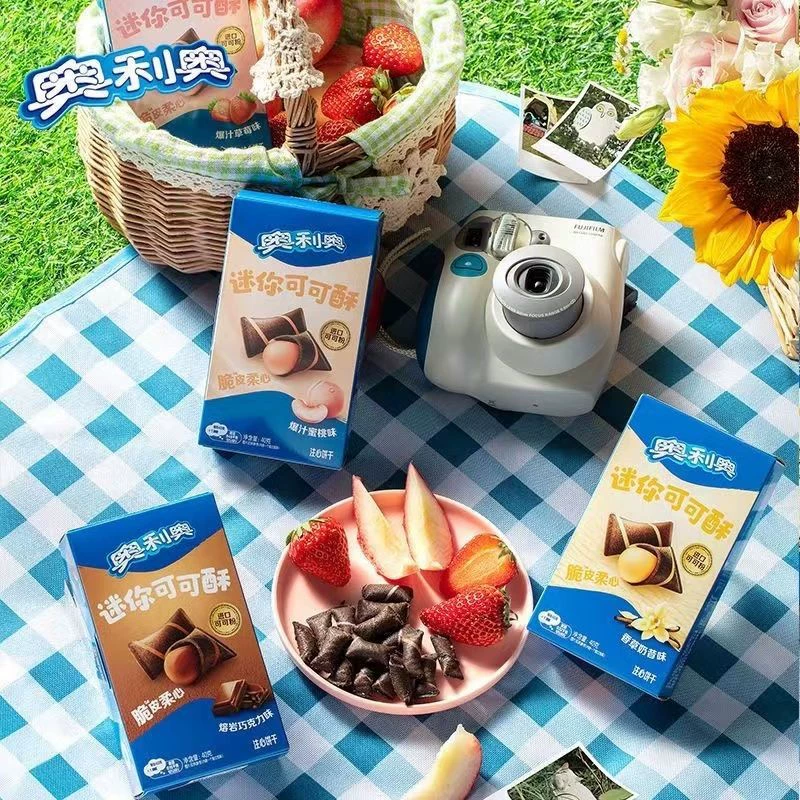 Хрустящее печенье с какао (Oreo) — 40 г, наполненные хрустящие подушечки: шоколад/клубника/ваниль/слива-персик