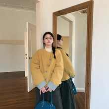 实拍鹅黄拼蓝两面穿圆领加厚保暖棉服女冬季新款宽松减龄外套上衣