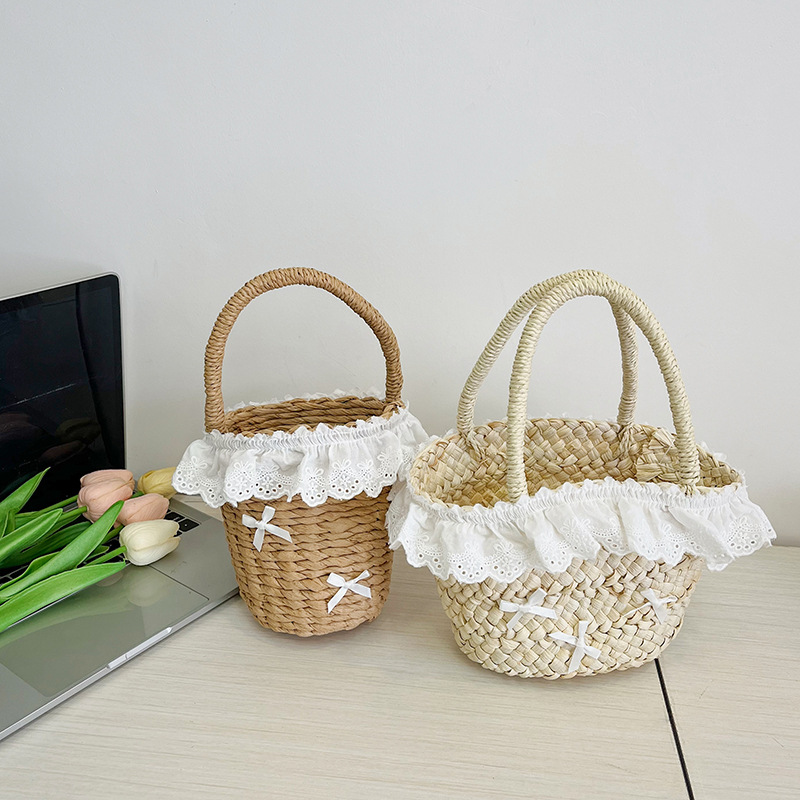 Bonita bolsa de decoración para niños y niñas de encaje dulce bolsas de balde de bebés de paja de moda bolsas de mano para niños