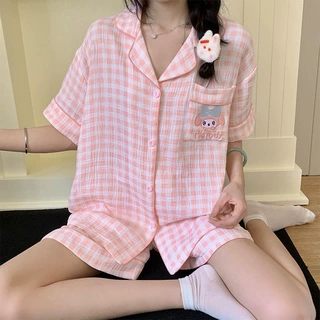 甜美少女款粉色格纹睡衣女夏季短袖短裤套装可外穿家居服