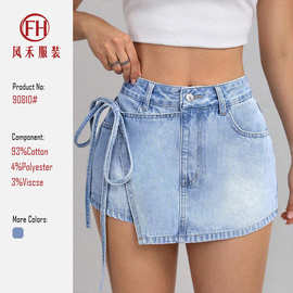 源头工厂假两件牛仔短裤亚马逊欧美跨境夏季爆款高腰小众辣妹热裤