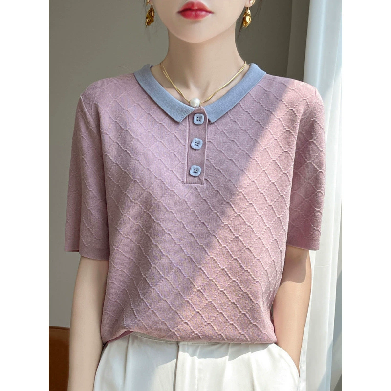 Ледяной шелк с лацканом с короткими рукавами женская свободная 2024 новая корейская тонкая ромбовидная пуговица трикотажная футболка