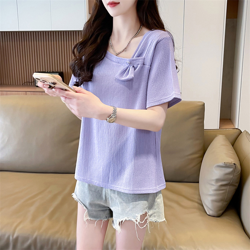 Summer solid color design short sleeve T-shirt with bow for leisure