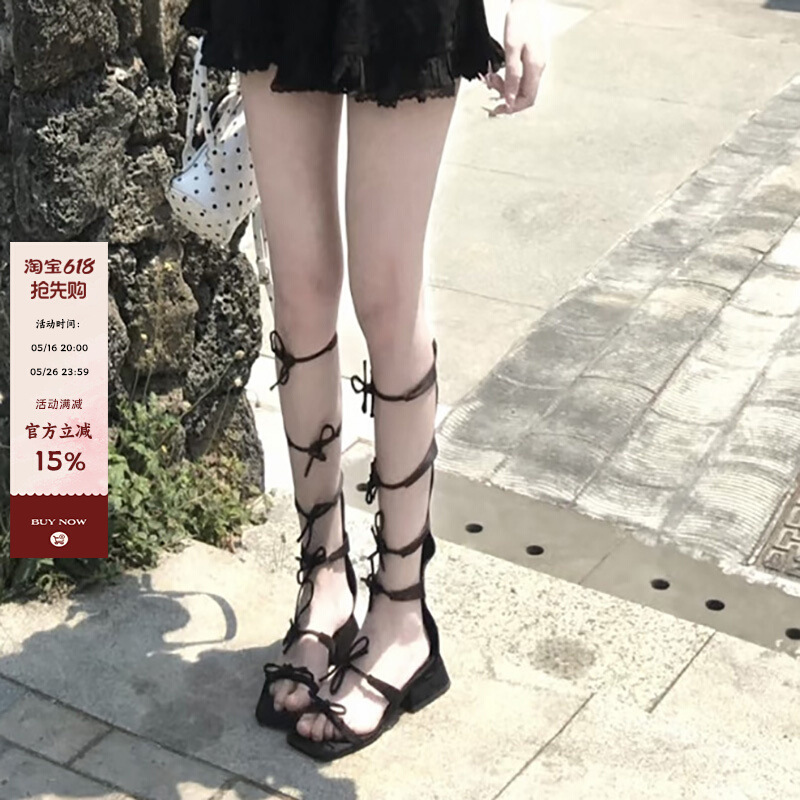 Ready Stock~Strappy Bow Roman Sandals for Women 2025 Summer Outer Wear Fairy Style High-Top Thick Heel Sandals