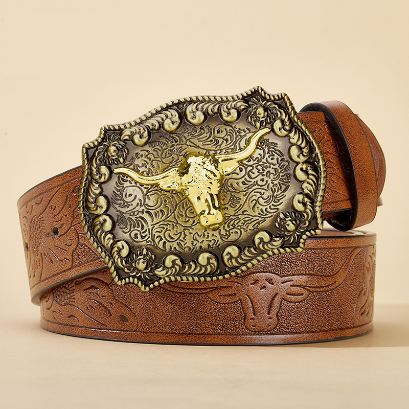 New Cross-Border Western Cowboy Belt with Large Buckle, Trendy Belt for Young People, American Style Street Fashion Leather Belt