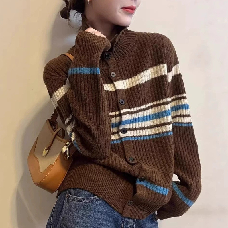 Autumn and Winter New Color-Block Striped Turtleneck Knitted Cardigan Women's Long-Sleeve Sweater Coat Top Korean Style Women's Clothing Wholesale Autumn and Winter New Color-Block Striped Turtleneck Knitted Cardigan Women's Long-Sleeve Sweater Coat Top Korean Style Women's Clothing Wholesale