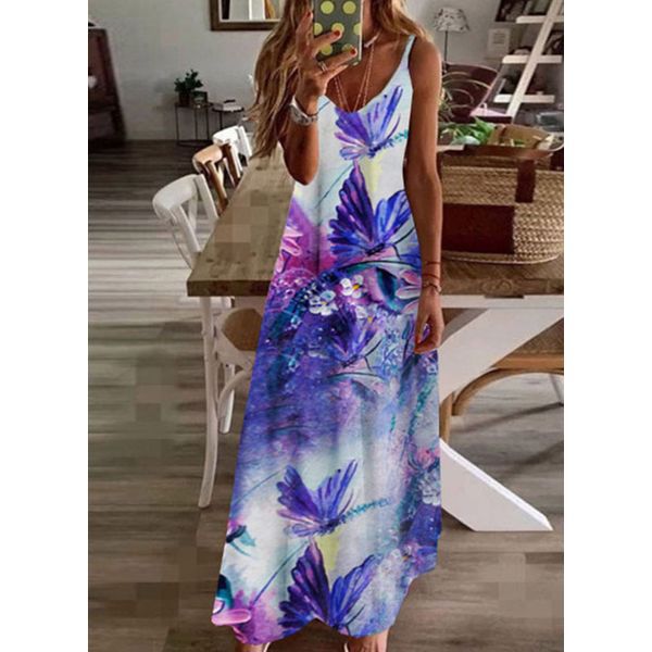 2024 European and American Spring and Summer New Cross-Border Digital Print Long Dress Loose Strap Dress