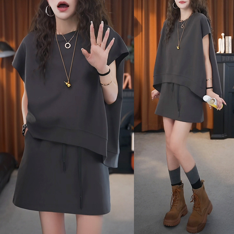 2025时尚休闲宽松大码两件套女夏季新款运动高腰防走光A字裙套装