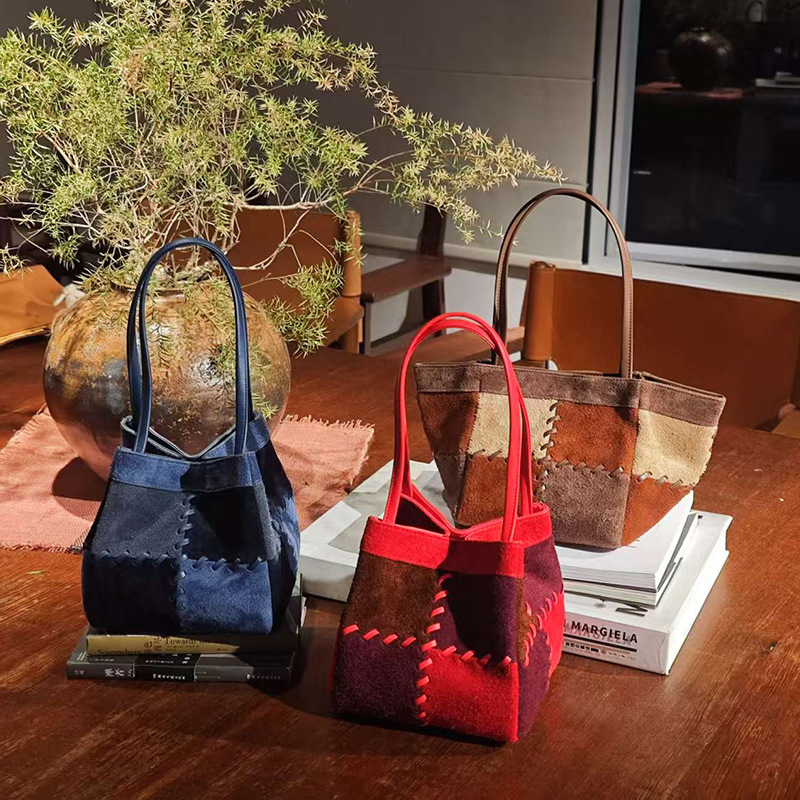 Niche New Retro Matte Cowhide Basket Handbag Contrast Color Dice Bag Fashion Shoulder Bag For Women - Thumbnail 3