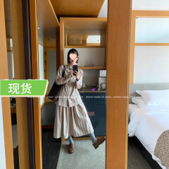 MONA 100棉 复古风时尚气质条纹衬衫 中腰半裙女小个子套装2025