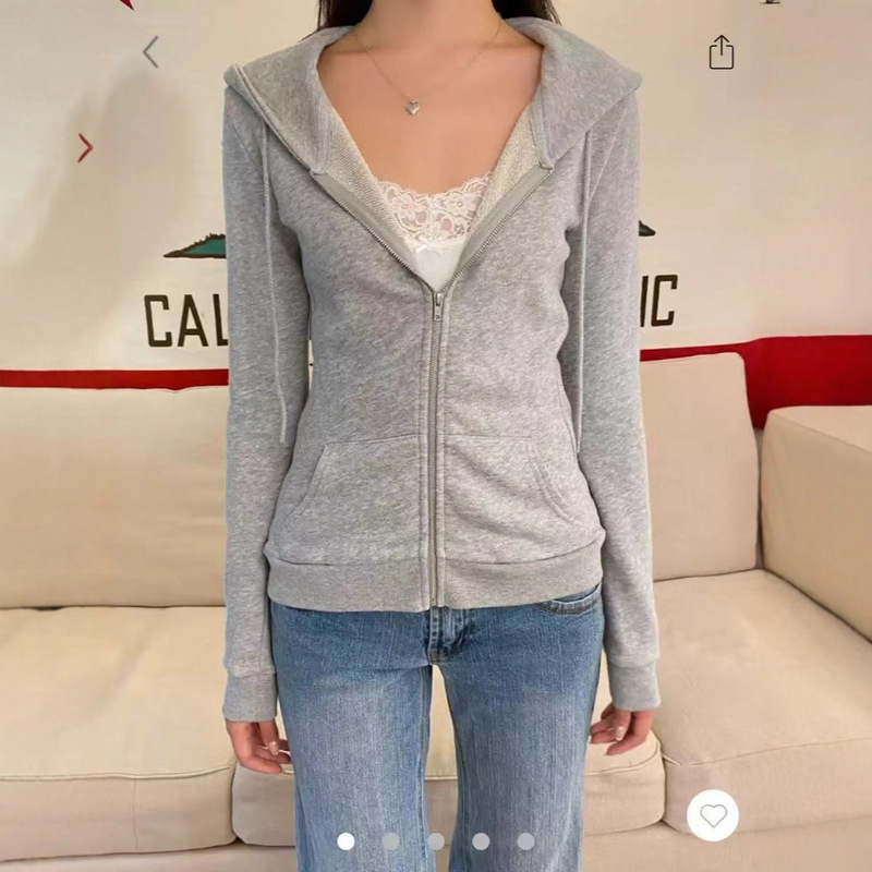 Bm Style Gray Hooded Sweatshirt Petite Zip-Up Jacket Spring and Autumn New Waist-Cinching Casual Versatile Top for Women Trendy Bm Style Gray Hooded Sweatshirt Petite Zip-Up Jacket Spring and Autumn New Waist-Cinching Casual Versatile Top for Women Trendy