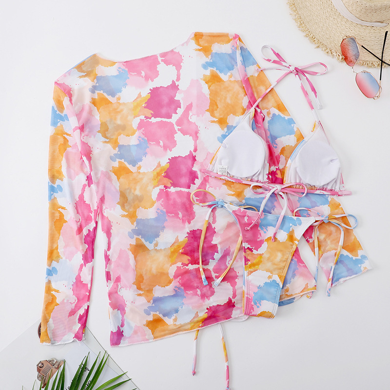 151g Weight Sleeveless Sleeve Length Polyester Fabric Type 3 Pieces Set Quantity Swimming Pool, Beach Occasion Strap Neckline Skinny Fit Type Color Block, Stripe, Leopard Pattern Women's Gender Sexy, Beach Style Women's Sexy Beach Color Block Stripe Leopard 3 Pieces Set Bikinis Swimwear 19