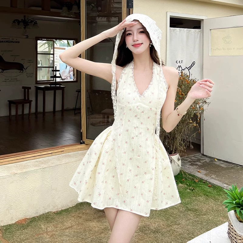 2025 новый стиль маленькая милая горячая девушка с цветочным шеей платье женская новая чистая желание талия тонкая и шикарная юбка