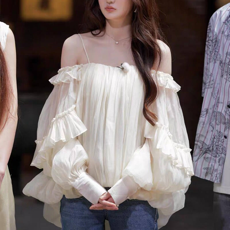 Xu Lu's Same Style White One-Shoulder Ruffled Long-Sleeved Shirt for Women Early Autumn French Design Niche Chiffon Top