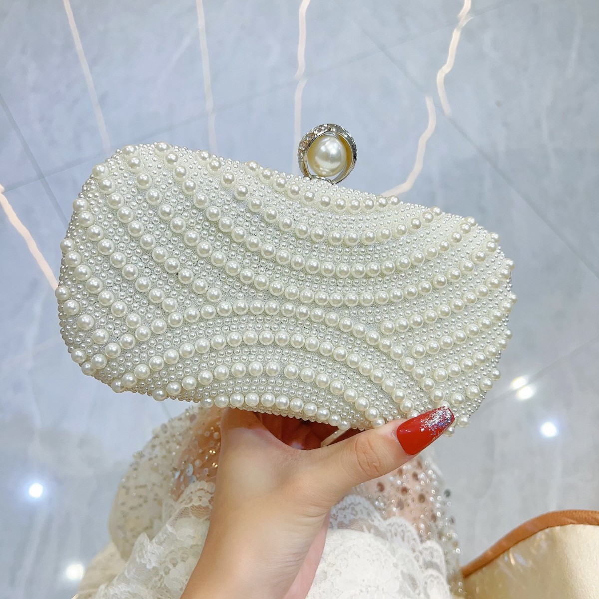 Borsa da sera da donna semplice, stile minimalista, con perle, ideale per banchetti e feste, con chiusura a scatto, portatile, direttamente dalla fabbrica._voghion.com