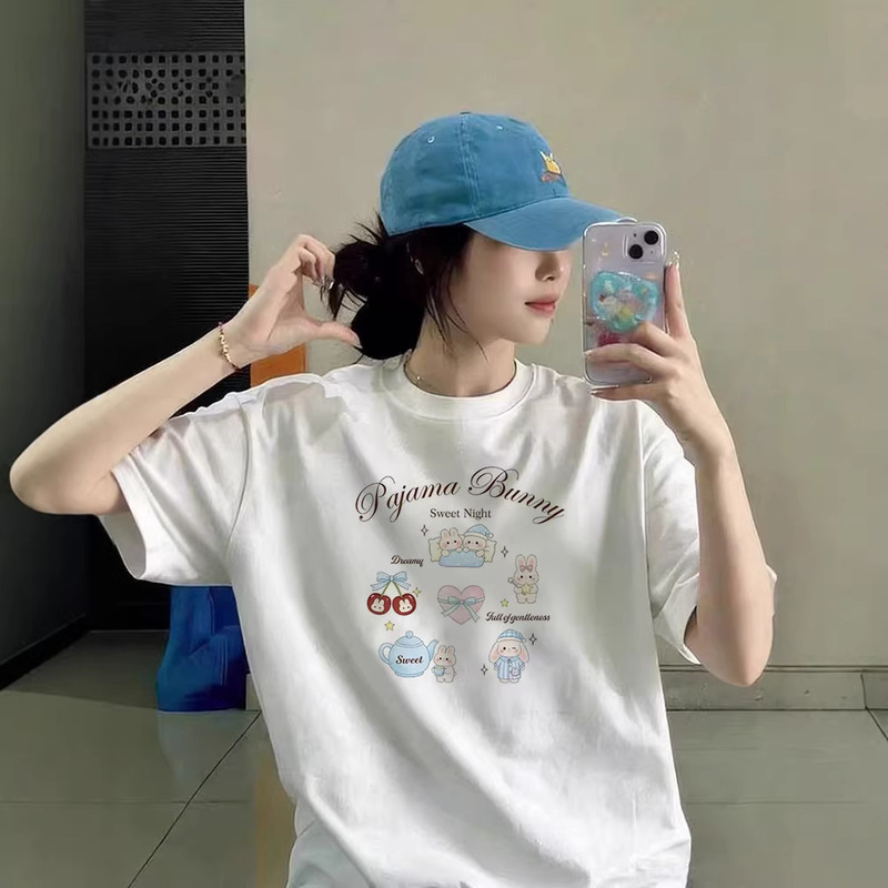 100% Pure Cotton Short-Sleeved T-Shirt for Women 2026 New Style Cute Bunny Print Loose Half-Sleeved Design Niche Top