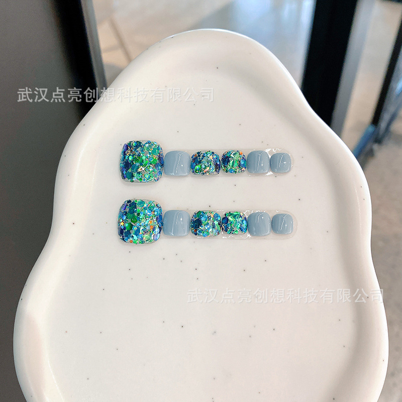 (Original) Summer Handmade Toenail Blue Glitter Mixed Sequin Men's Personalized Foot Nail Art Patch