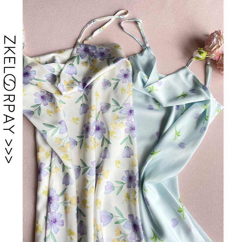 Summer new ins style Girl Flower holiday strap ice silk nightdress sexy sexy temptation high-grade pajamas