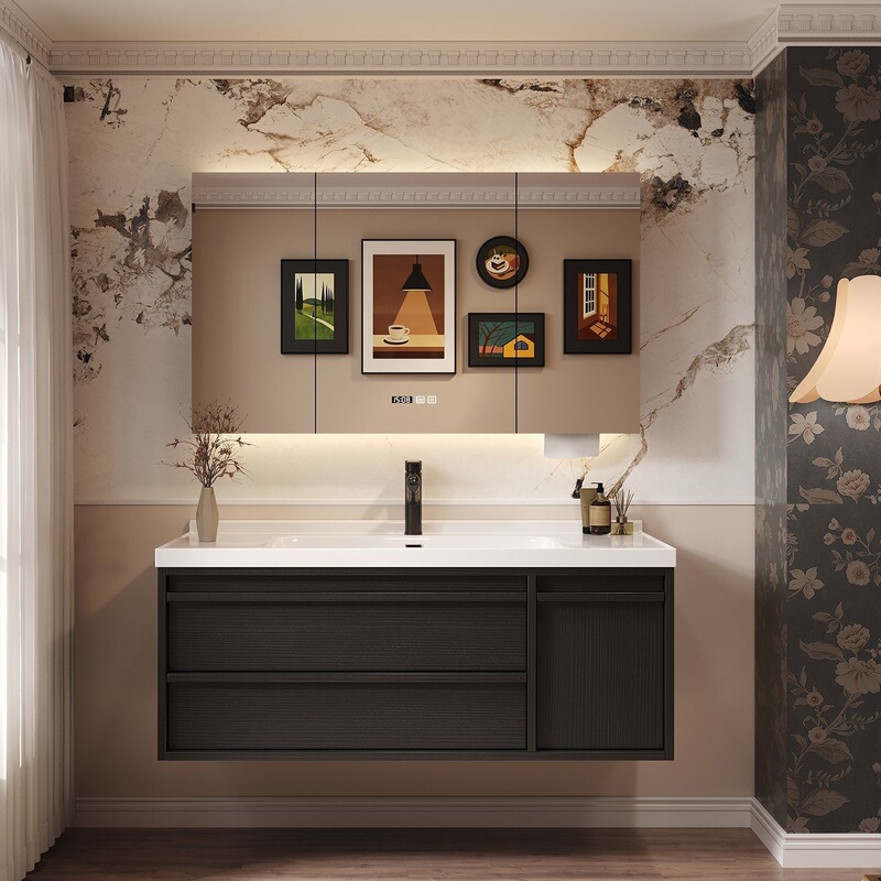 Black smart ceramic integrated washbasin bathroom cabinet washstand combination solid wood bathroom furniture
