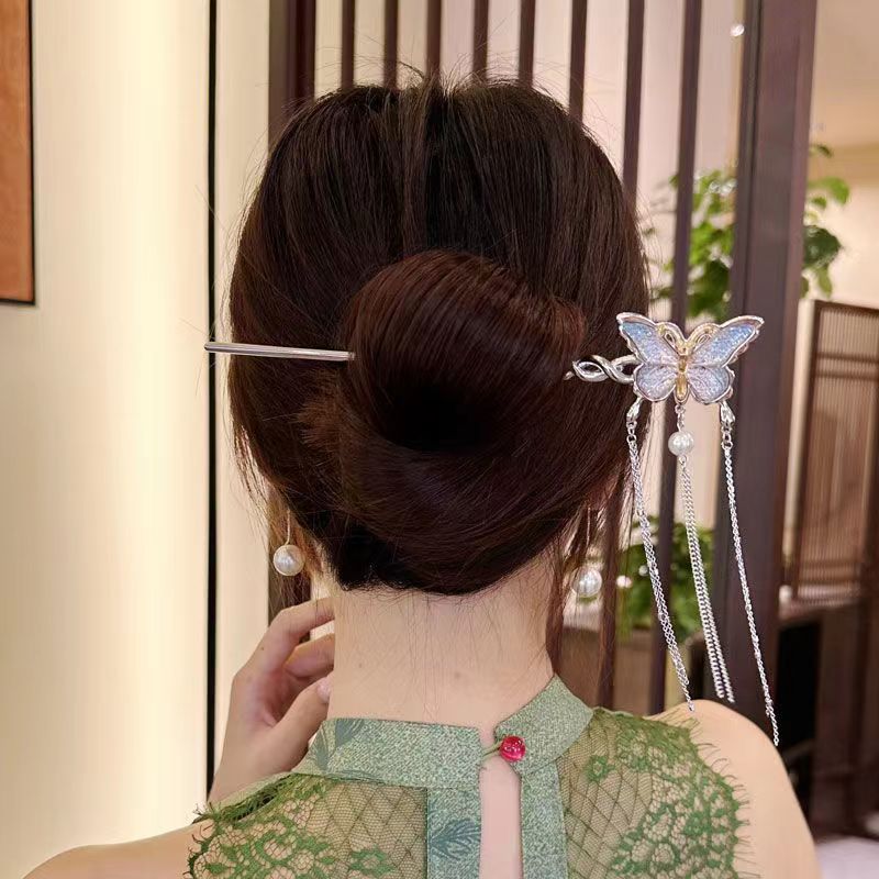 スーパーフェアリーバタフライパールタッセルヘアピン女性のニッチな気質後頭部ヘアピンモダンな中国のヘアアクセサリー|undefined