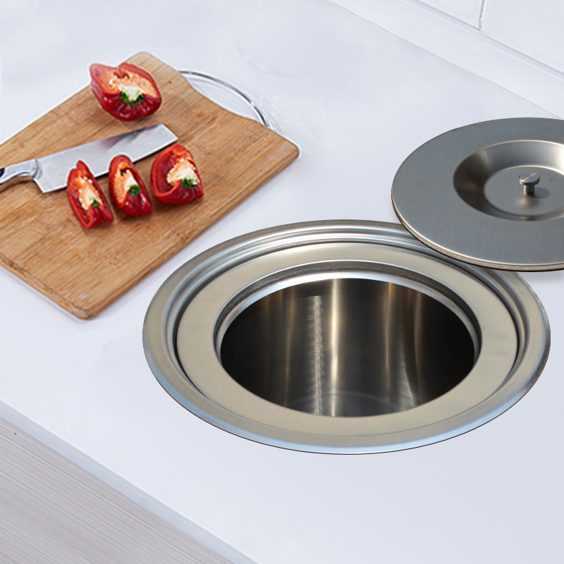 Weipu Stainless Steel Kitchen Countertop Embedded Trash Bin Cabinet Brushed Craft Indoor Storage Hidden Cleaning Bucket