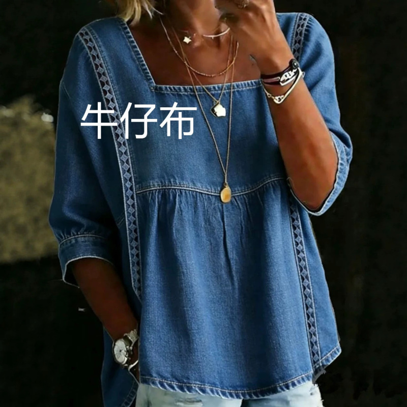 2026 Amazon Temu Aliexpress Cross-Border New Denim Lace Patchwork Shirt European and American Denim Top T-Shirt 2026 Amazon Temu Aliexpress Cross-Border New Denim Lace Patchwork Shirt European and American Denim Top T-Shirt