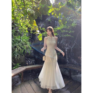 New Chinese Style [Liuxian Skirt] Elegant Jacquard Cheongsam Women's Spring Halterneck Dress Two-Piece Set Can Be Worn Daily