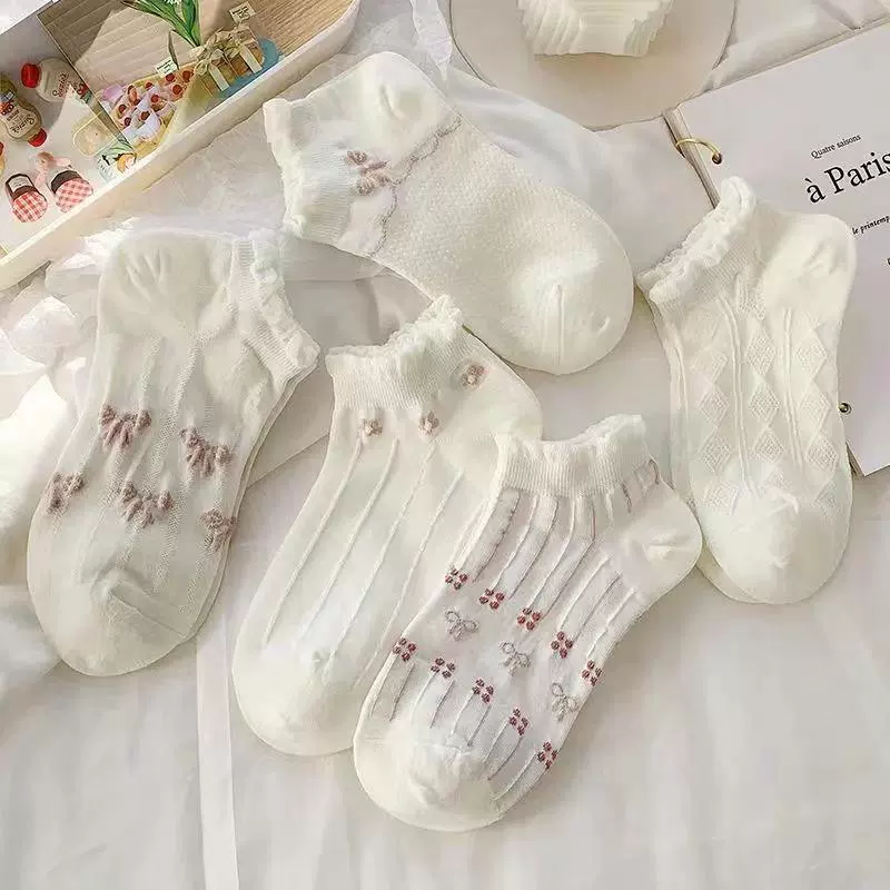 Короткие носки в японском стиле, очаровательные носки в стиле Лолиты, детские милые кружевные белые носки-лодочки, тонкие весенне-летние носки с маленькими цветами для колледжа