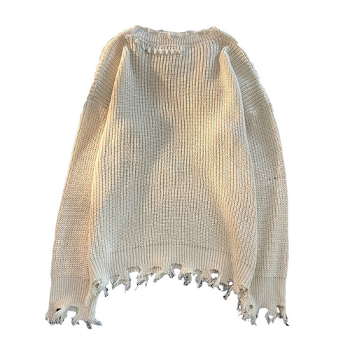 Japanese design sense niche knitwear for men and women, couple's trendy brand autumn and winter machine-knitted round neck sweater with visible seams, distressed and holey details